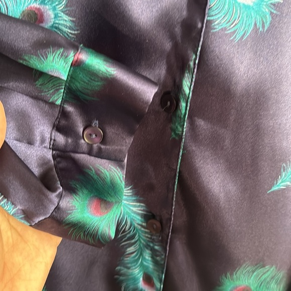 Valerie Stevens Satin Sleep Shirt L Peacock Feather Print Button-Front Nightgown - Picture 4 of 7